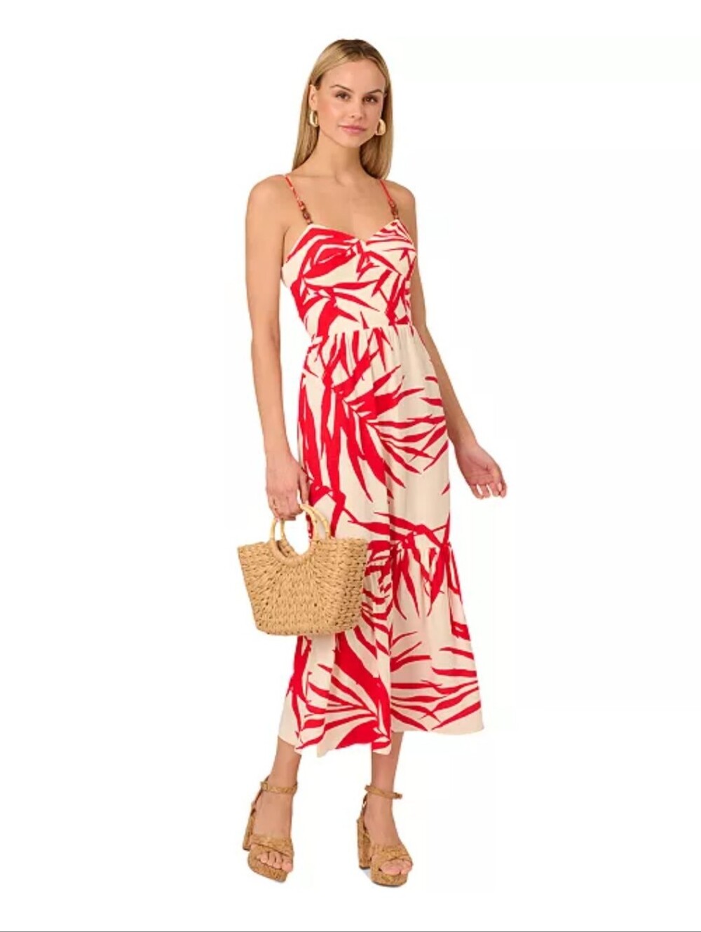Adrianna Papell NWT Red White Tropical Print Midi Dress Sz 14 $149 Resort